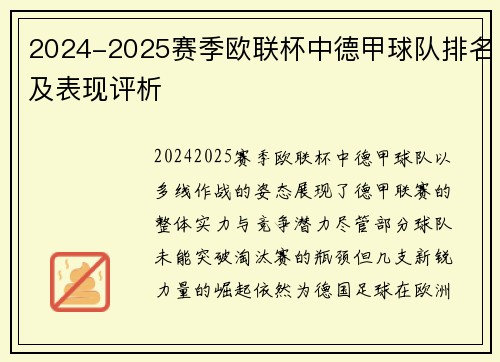 2024-2025赛季欧联杯中德甲球队排名及表现评析